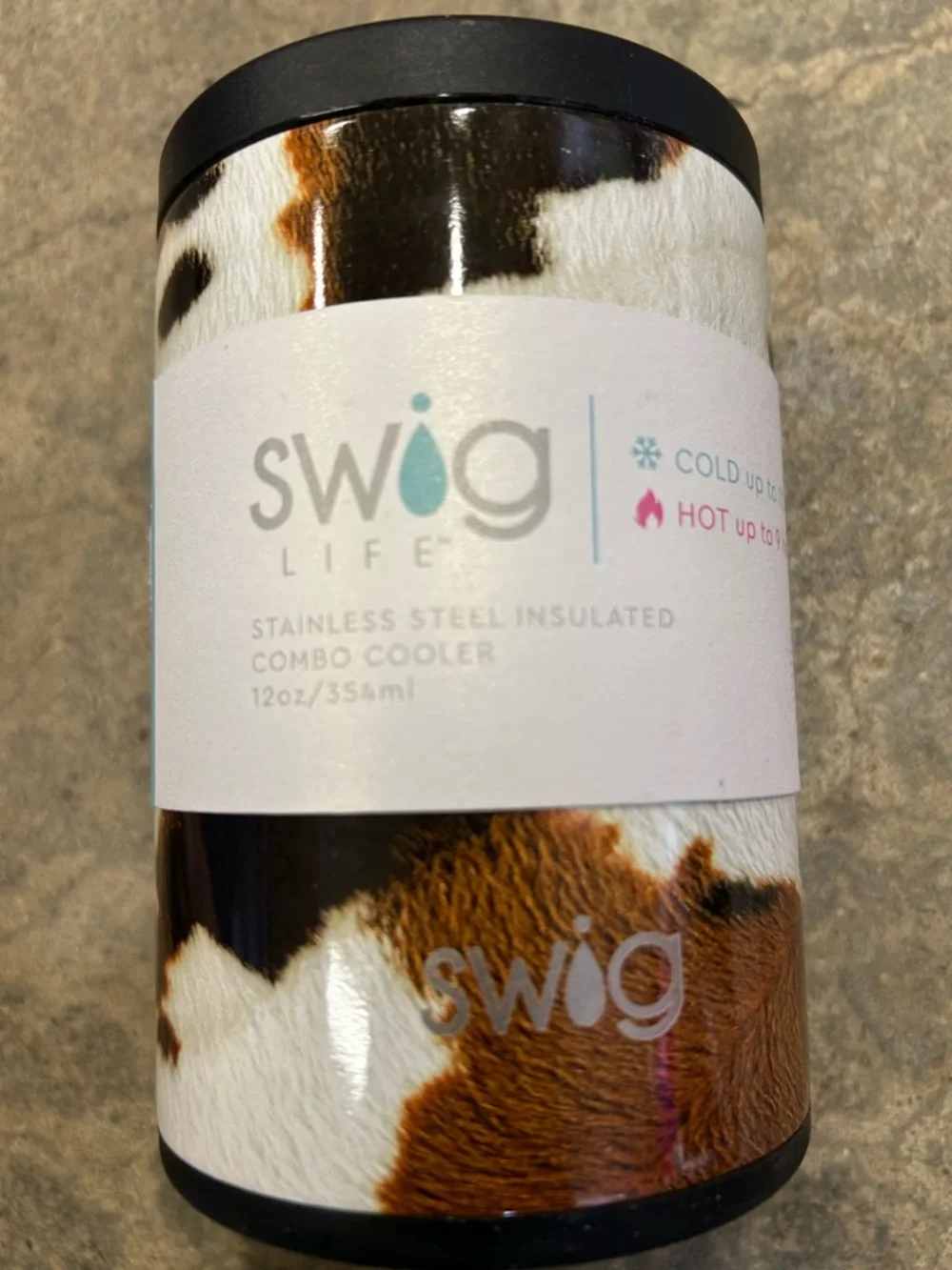 NWT Swig Hayride CowHide Print Koozie Stainless Steel combo cooler 12 oz